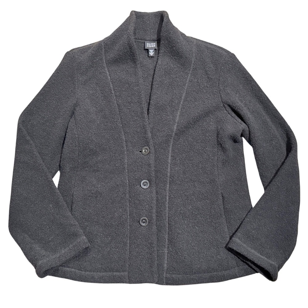 Eileen Fisher Charcoal Grey Boiled Wool Shawl Collar Cardigan Jacket Womens M